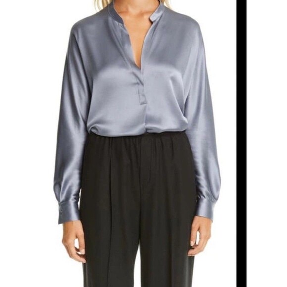 Vince Tops - EUC Vince Slim Fitted Band Collar Blue Gray Silk Blouse size S